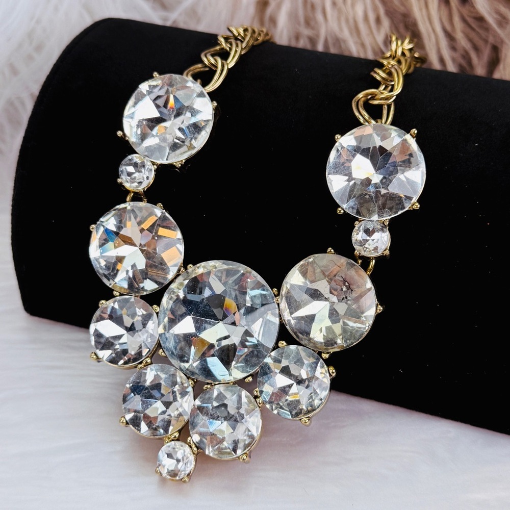 Vintage Oversized Clear Faceted Crystal Gold Tone Statement Bib Necklace
